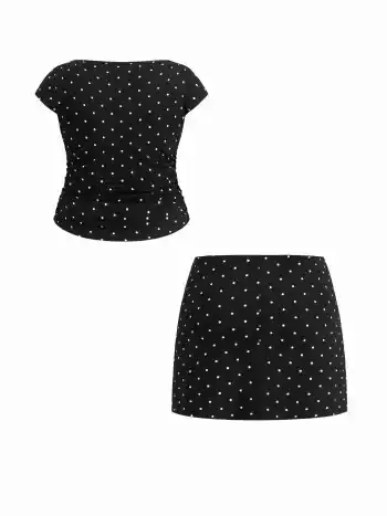 Baumwollmischung Bootshals Tupfen Rüschen-T-Shirt & Mini-Skirt Kurve & Plus