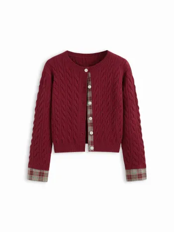 Cardigan Curvy & Plus con Maglia Cavo, Scollo Rotondo, Patch Tartan e Bottoni