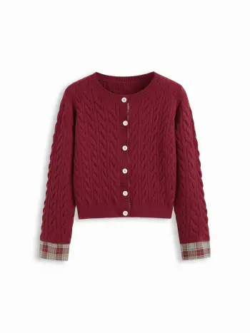 Cardigan Curvy & Plus con Maglia Cavo, Scollo Rotondo, Patch Tartan e Bottoni