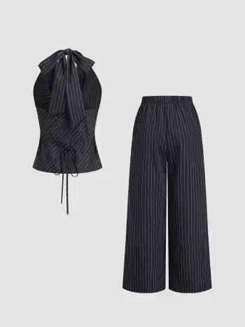 Halter Neckline Stripe Knotted Top & Mid Rise Straight Leg Trousers Set