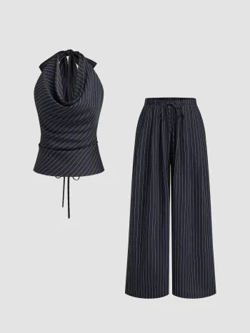 Halter Neckline Stripe Knotted Top & Mid Rise Straight Leg Trousers Set