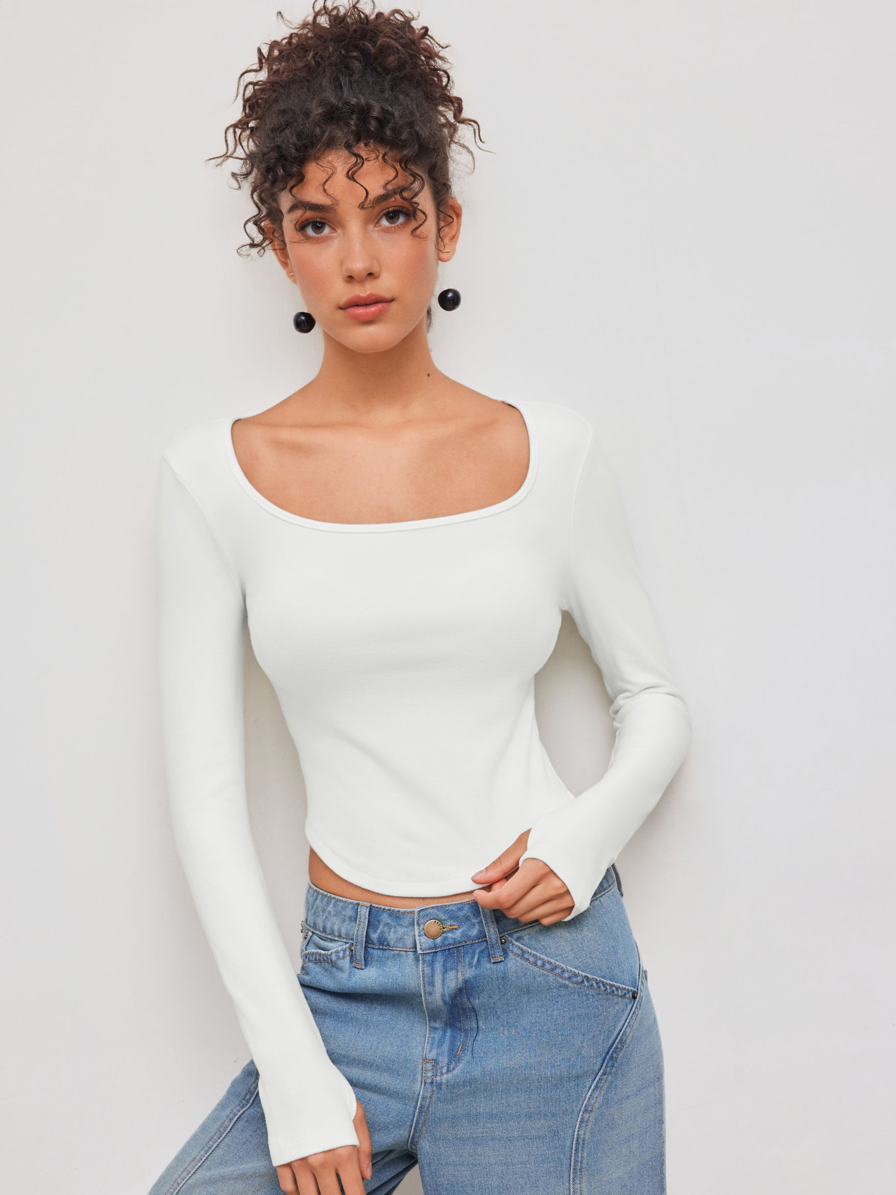 Basic & Thermal Knit Fabric Thermal Cotton-blend Square Neck Solid Thumb Hole Long Sleeve Tee For Daily Casual