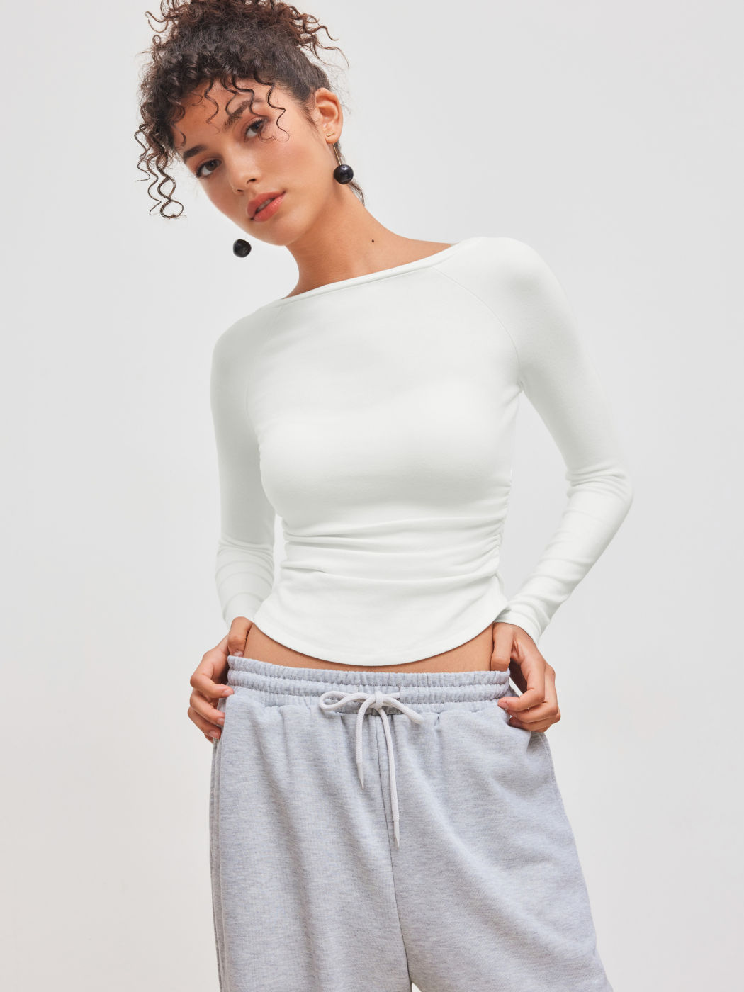 Thermische langärmlige Solid-T-Shirt mit Bootshals und ruchierter Bauchpartie aus Baumwollmischung