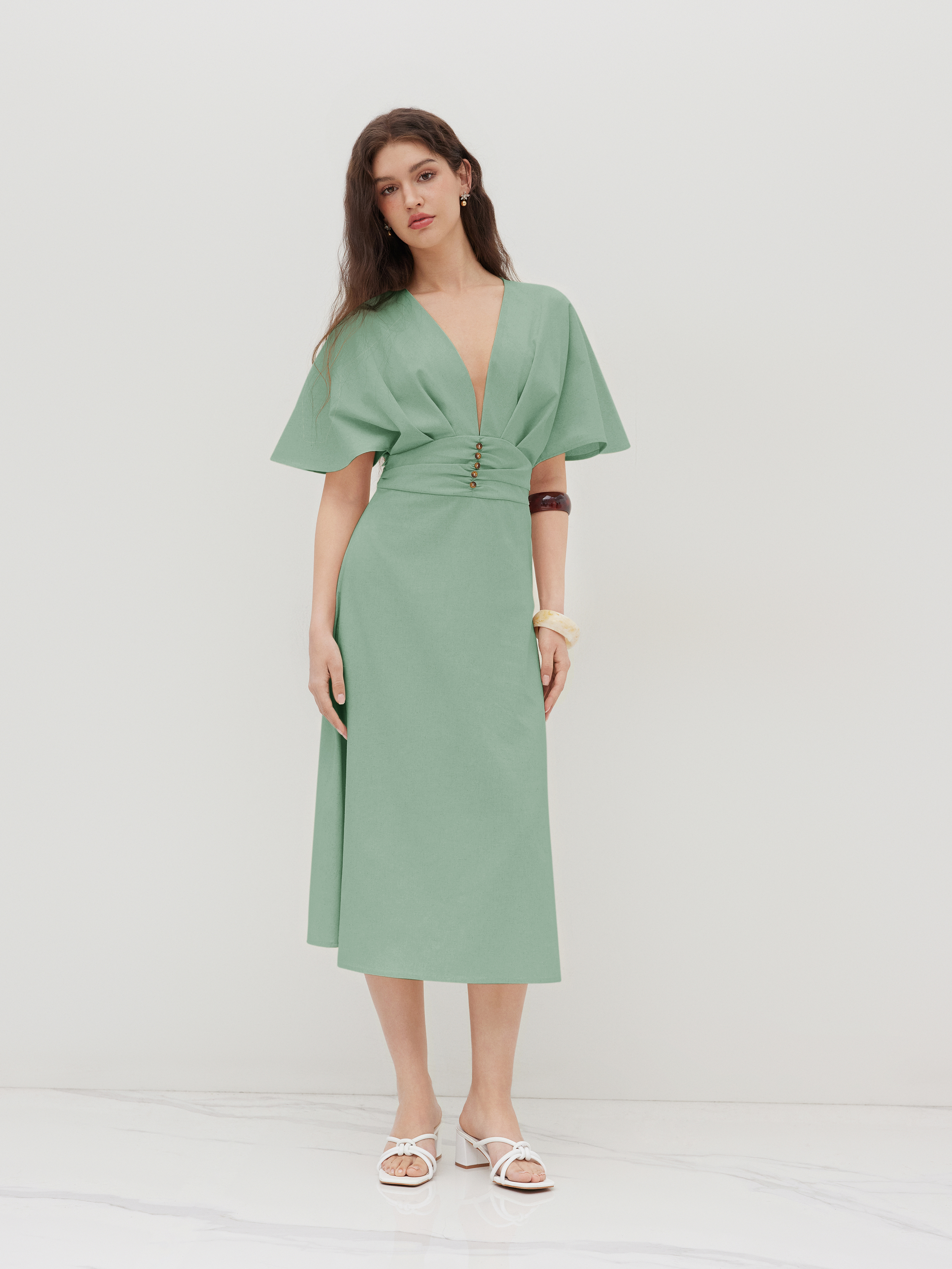 Linen-blend Linen-blend V-neck Solid Ruffle Ruched Midi