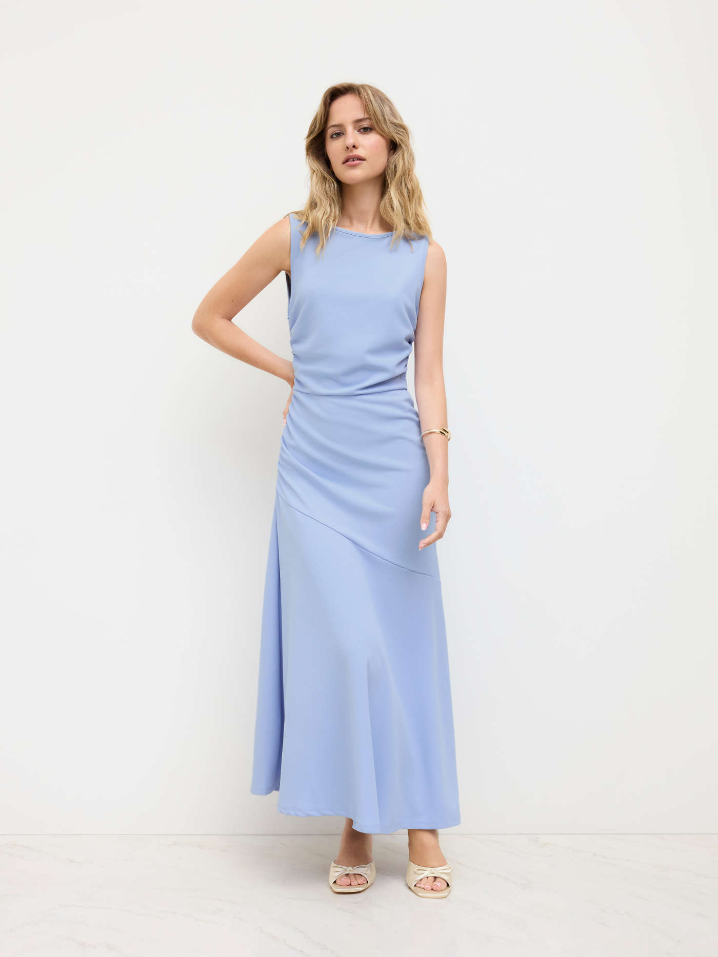 Boat Neck Solid Ruffle Ruched Maxi Dress