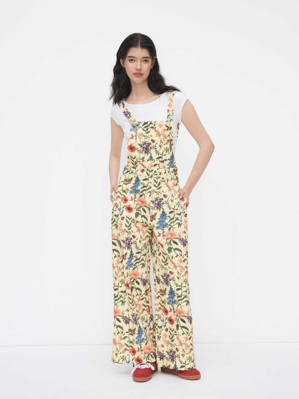 Cotton Square Neck Floral Pocket Wide Leg Jumpsuit