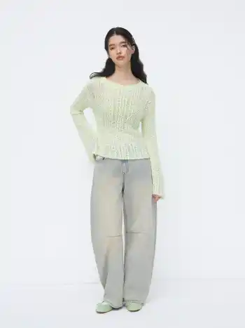 Strick-Crochet-Bootsneck-Langärmliger Oversize-Top