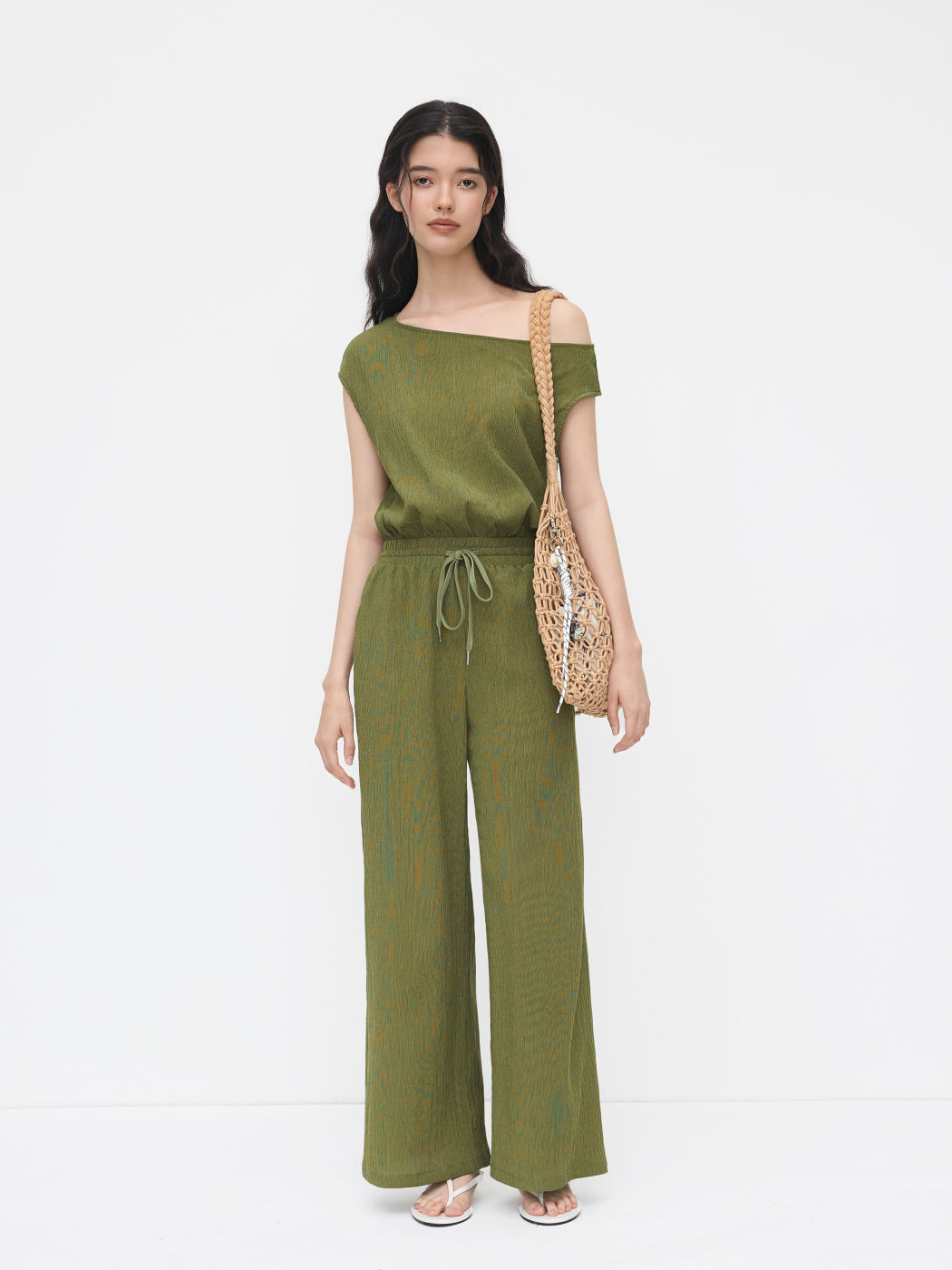 Asymmetrical Neck Texture Drawstring Knotted Jumpsuit