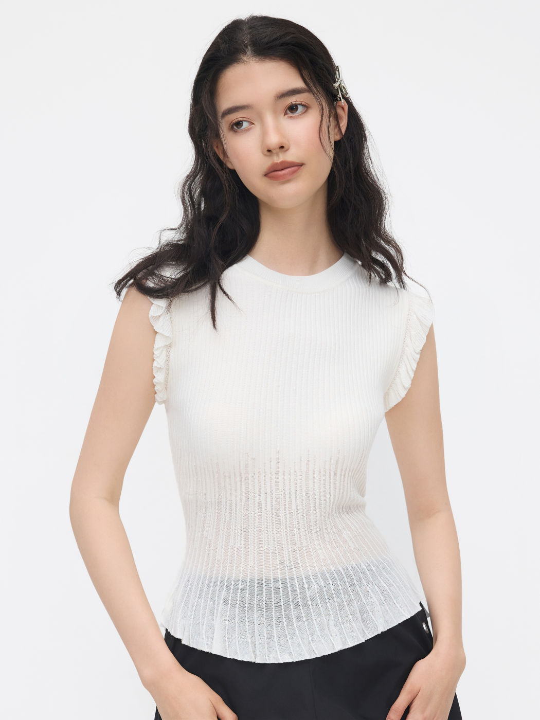 Knit Round Neck Texture Ruffle Trim Tank Top