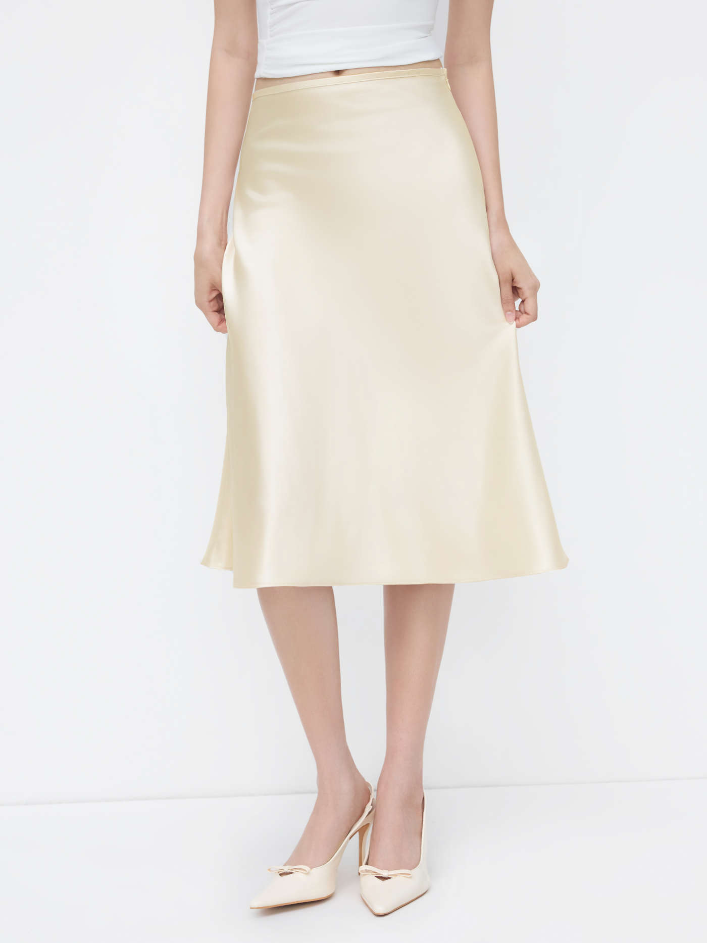 Petite Satin Ruffle Bias Cut Midi Skirt