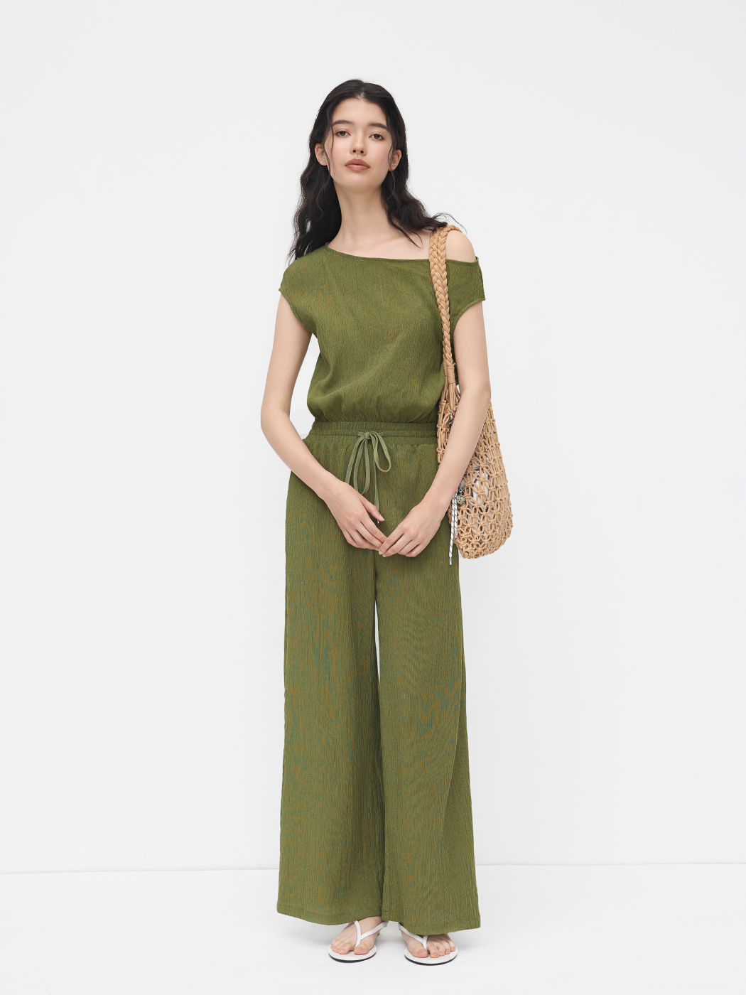 Asymmetrical Neck Texture Drawstring Knotted Jumpsuit