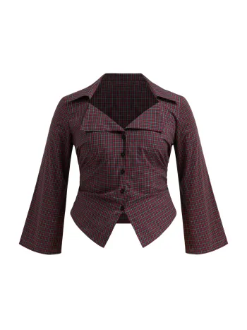 Camicetta a maniche lunghe a campana con colletto a quadri in 100% cotone taglie comode e curve