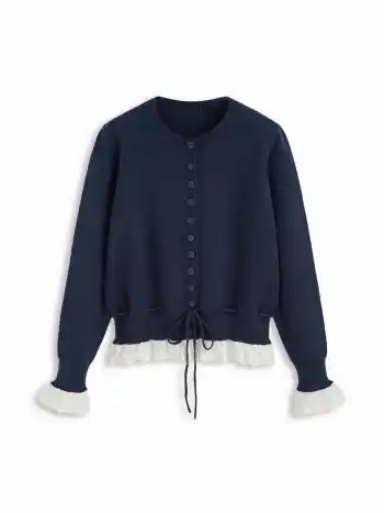 Zweifarbiger Strickcardigan mit Spitze, Zugschnürung und geknoteter Taillenumfassung