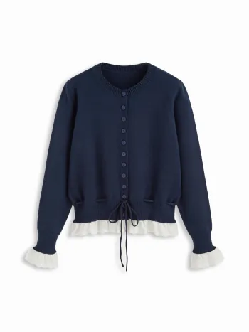 Zweifarbiger Strickcardigan mit Spitze, Zugschnürung und geknoteter Taillenumfassung
