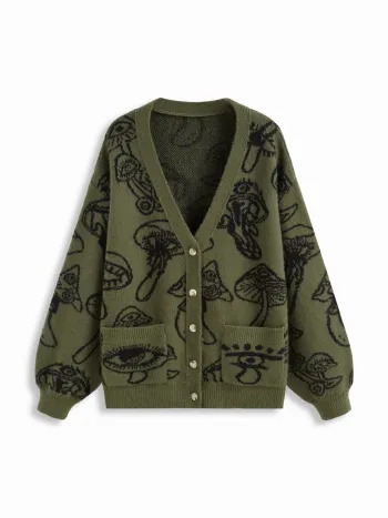 Cardigan lavorato a maglia con scollo a V e grafica di funghi