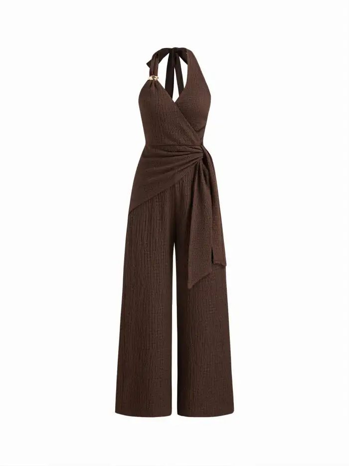 V-neck Ruched Wide Leg Jumpsuit