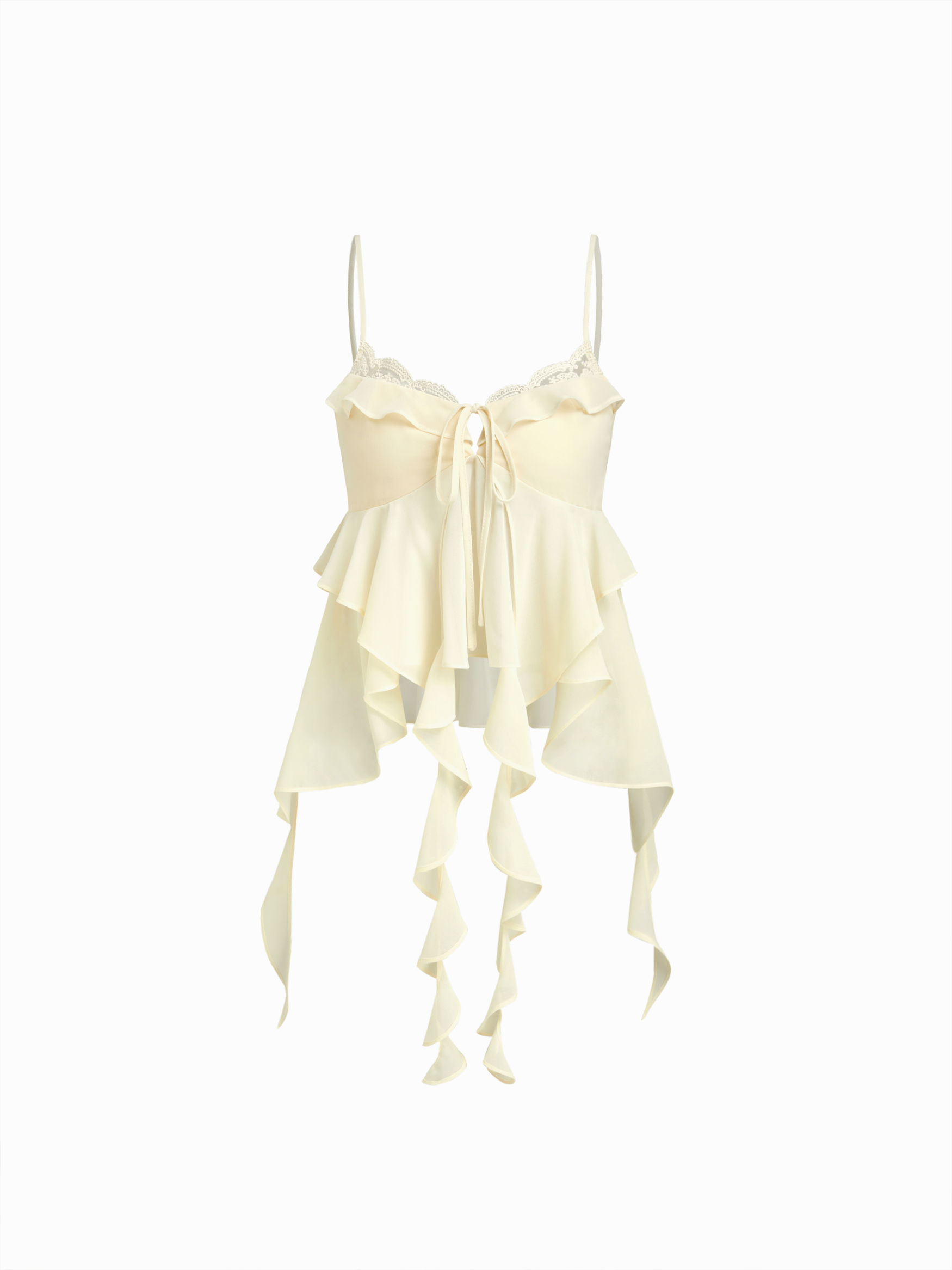 Sweetheart Knotted Lace Trim Ruffle Hem Cami Top