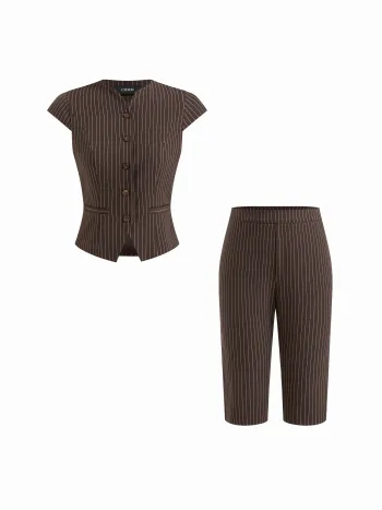 Gestreiftes Kurzarmoberteil & Mittelbund-Zigaretten-Capri-Hosen-Set