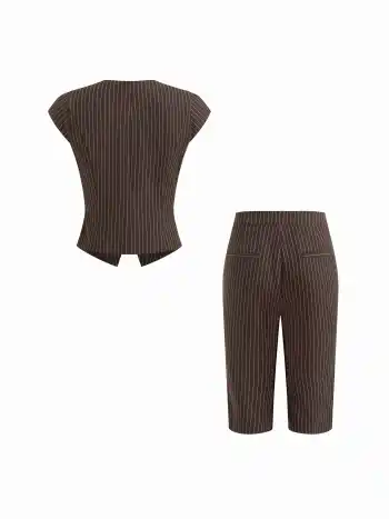 Gestreiftes Kurzarmoberteil & Mittelbund-Zigaretten-Capri-Hosen-Set
