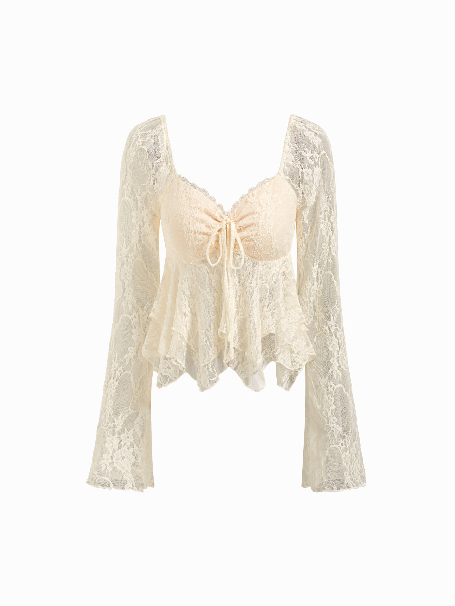 Lace Sweetheart Neckline Knotted Ruffle Hem Long Sleeve Top