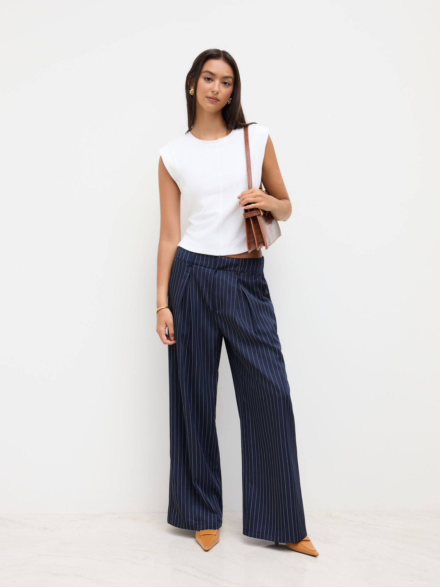 Mid Rise Stripe Pleated Wide Leg Trousers