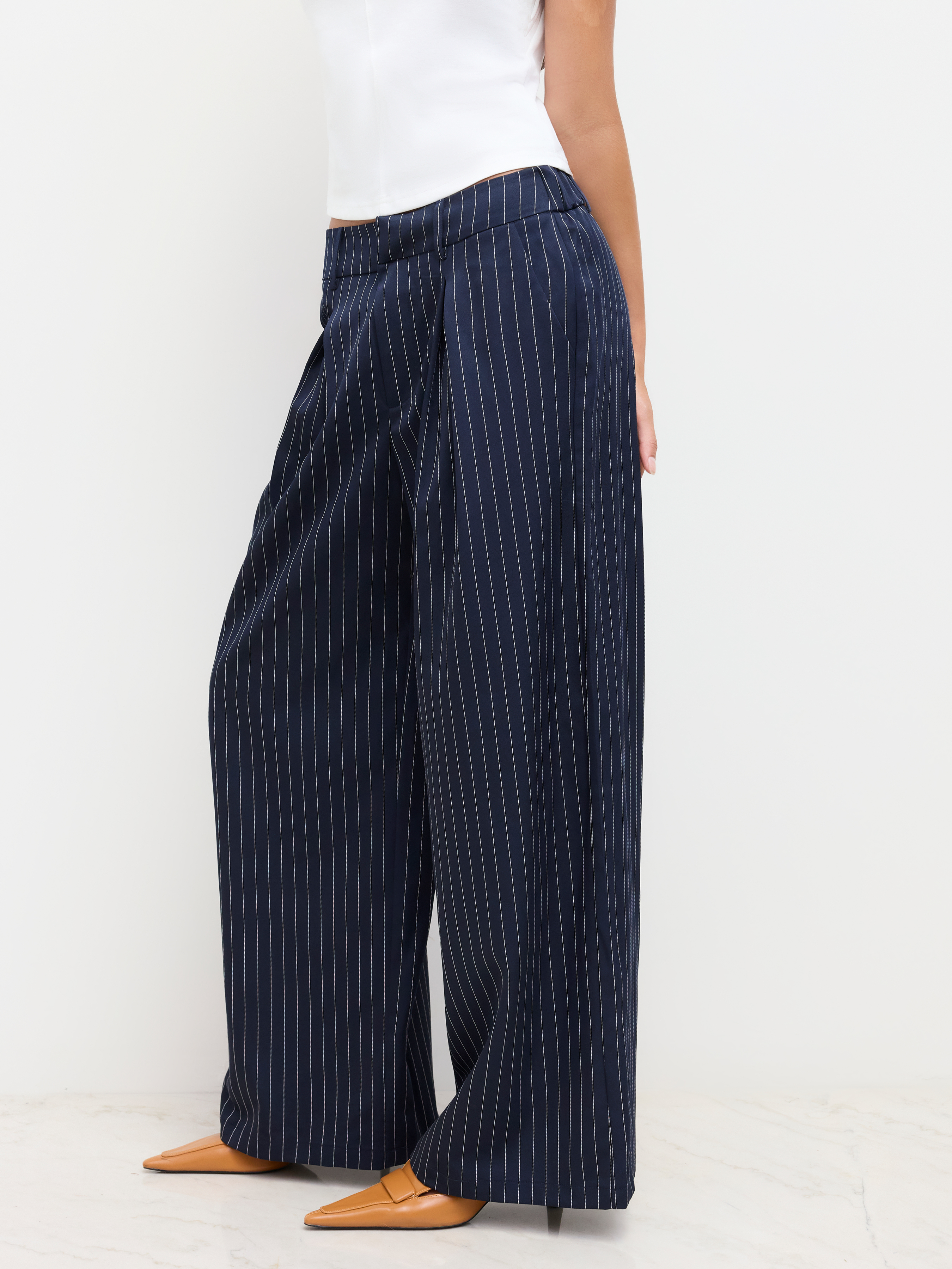 Mid Rise Stripe Pleated Wide Leg Trousers