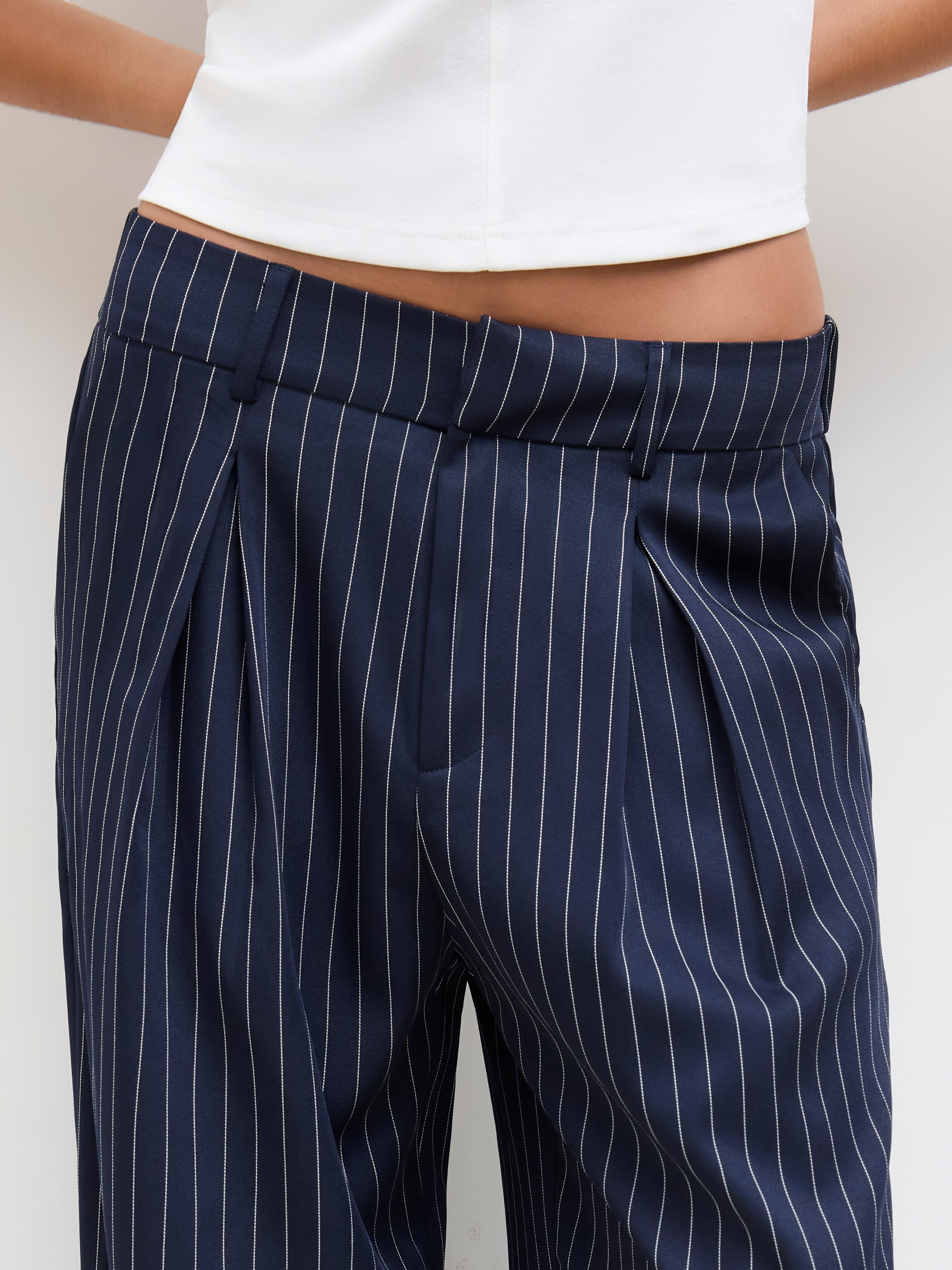 Mid Rise Stripe Pleated Wide Leg Trousers