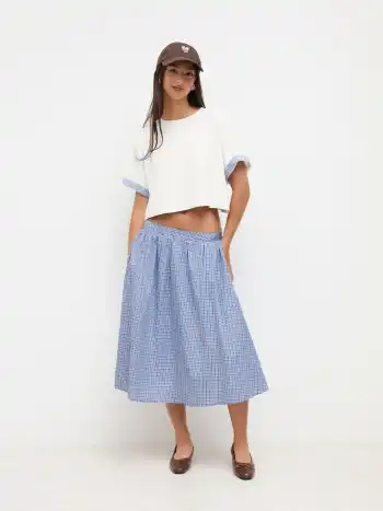 Baumwoll-Midi-Skirt mit mittiger Taille und elastischem Bund im Tartanmuster