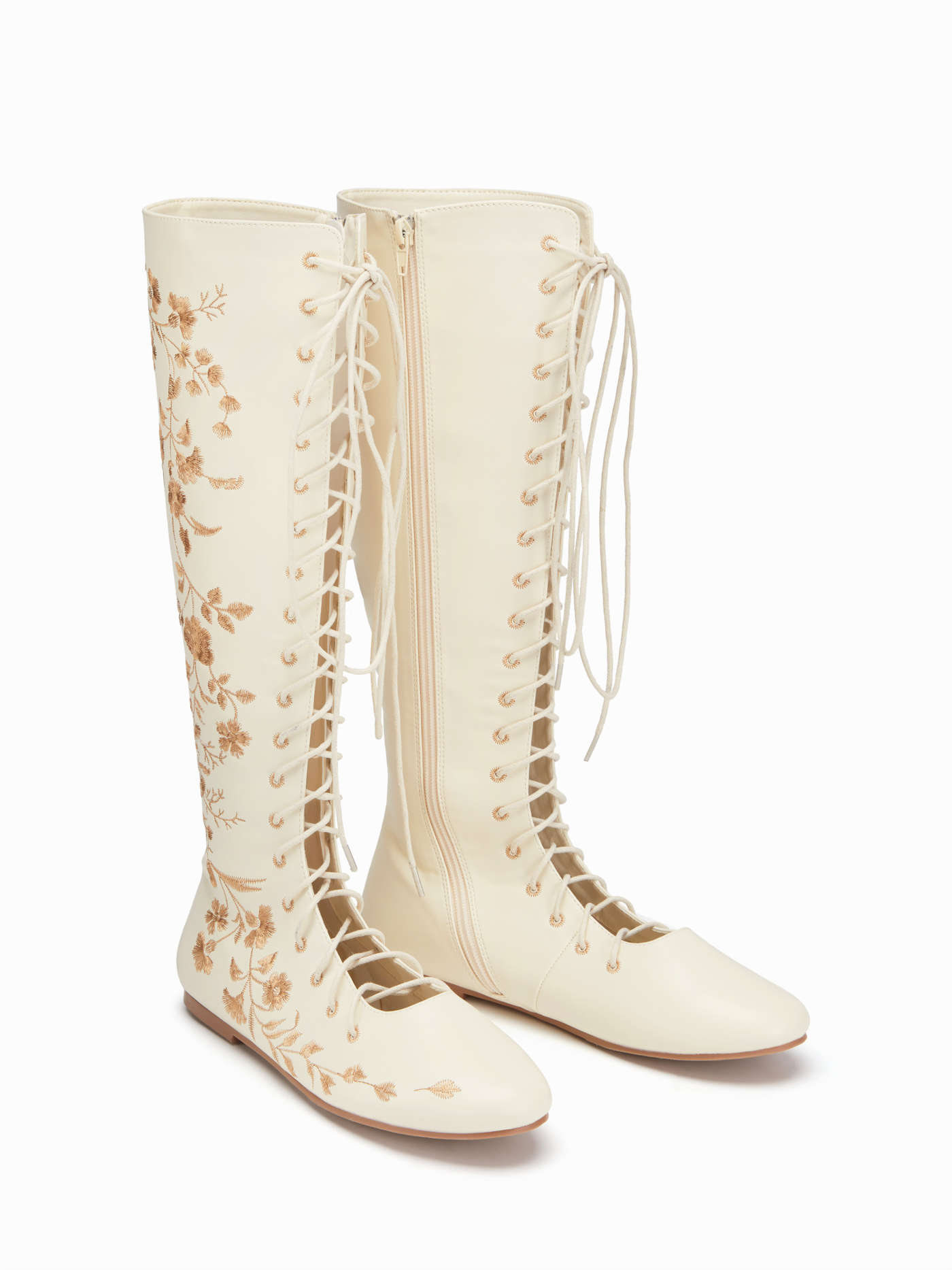 FLOWER EMBROIDERED LACE-UP KNEE HIGH BOOTS