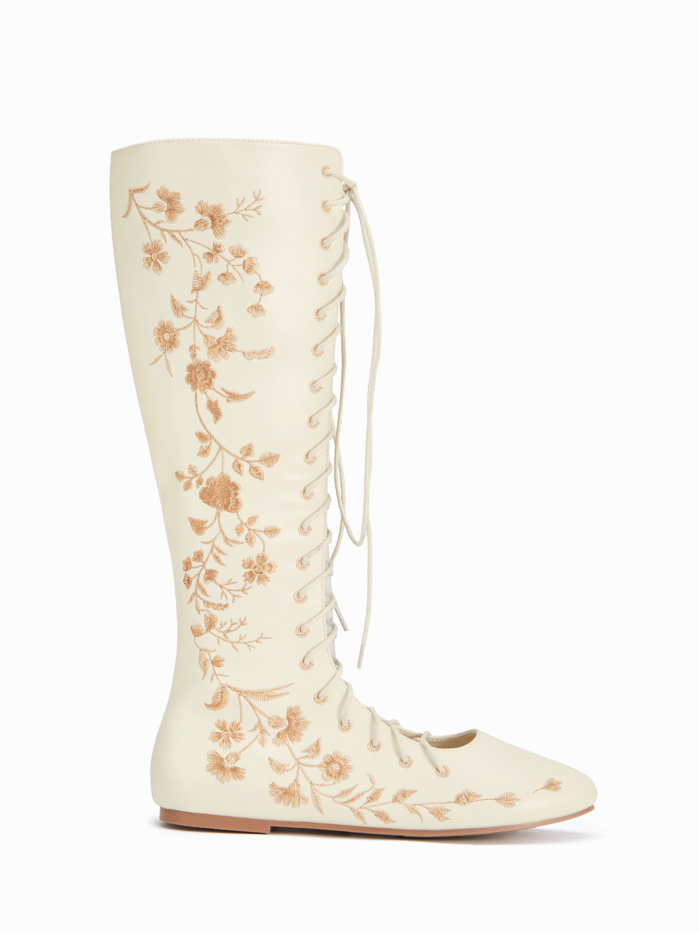 FLOWER EMBROIDERED LACE-UP KNEE HIGH BOOTS For Daily Casual Date