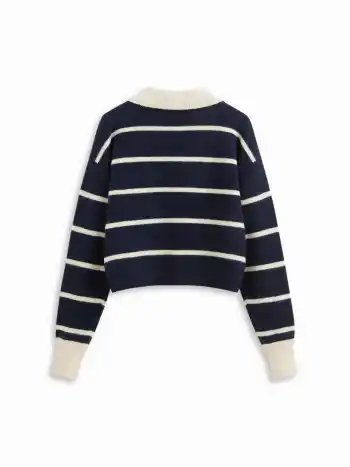 Knit Wool-blend Striped Collar Long Sleeve Top