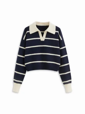 Knit Wool-blend Striped Collar Long Sleeve Top