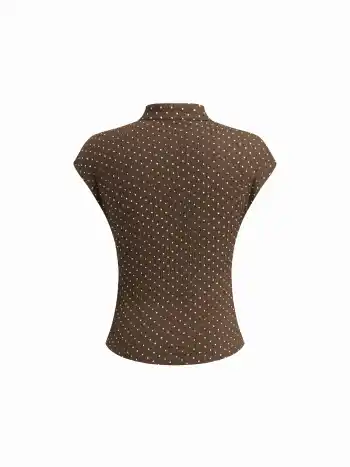 Knittriger Kurzarmtop mit Mandarin-Kragen und Polkadots