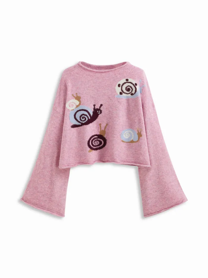 Knit Round Neckline Fish Graphic Contrasting Binding Oversized Top