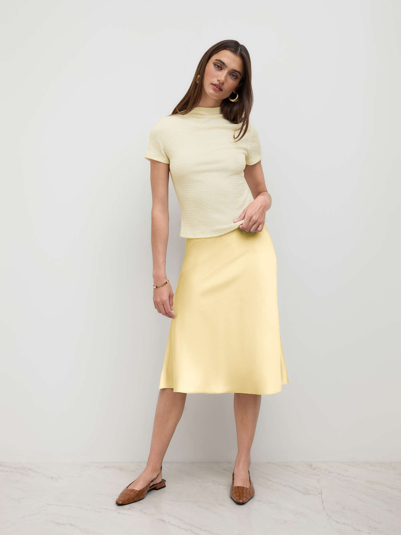 Satin High Rise Ruffle Bias Cut Midi Skirt
