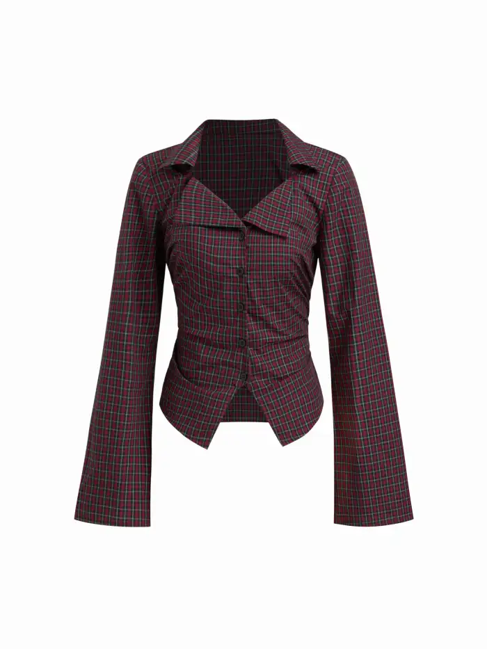 Collar Check Bell Sleeve Shirt