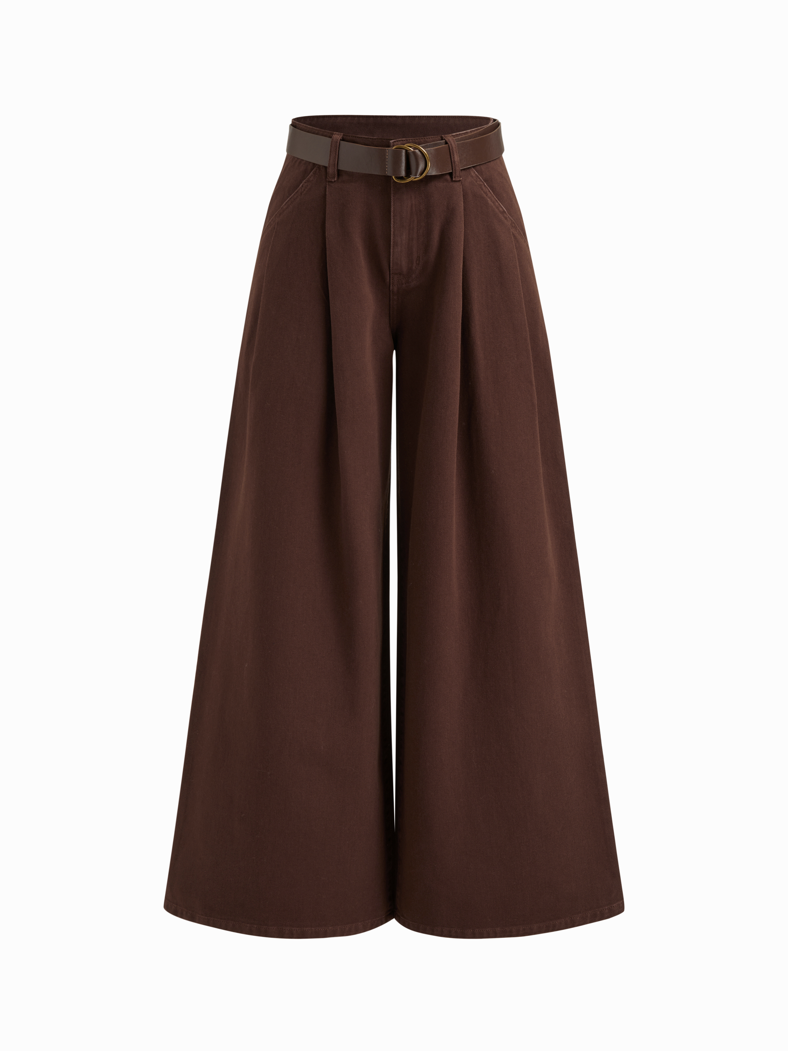 Woven Middle Waist Double Belted Wide Leg Trousers For Daily