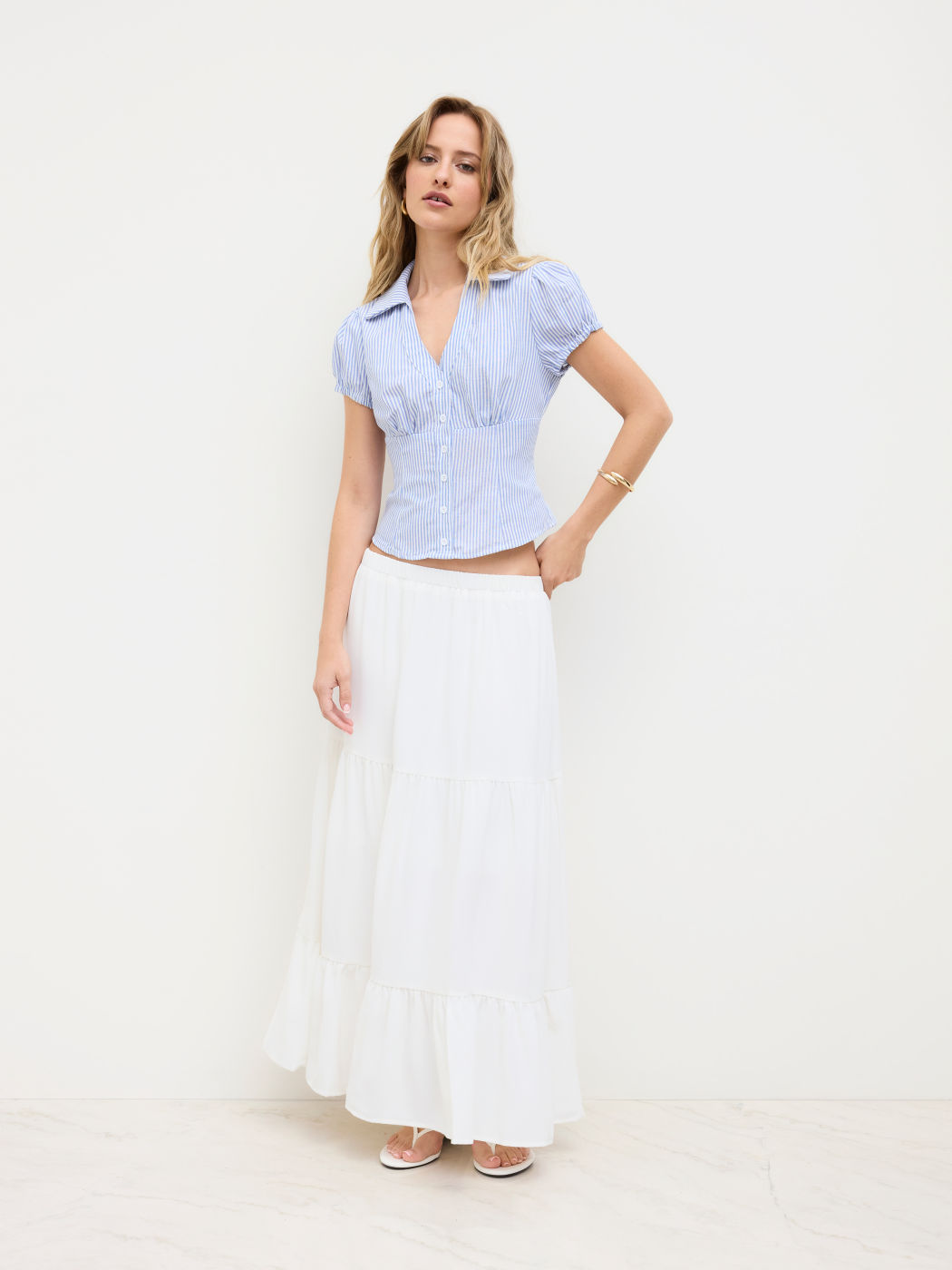 Solid Elastic Waist Ruffle Hem Tiered Maxi Skirt