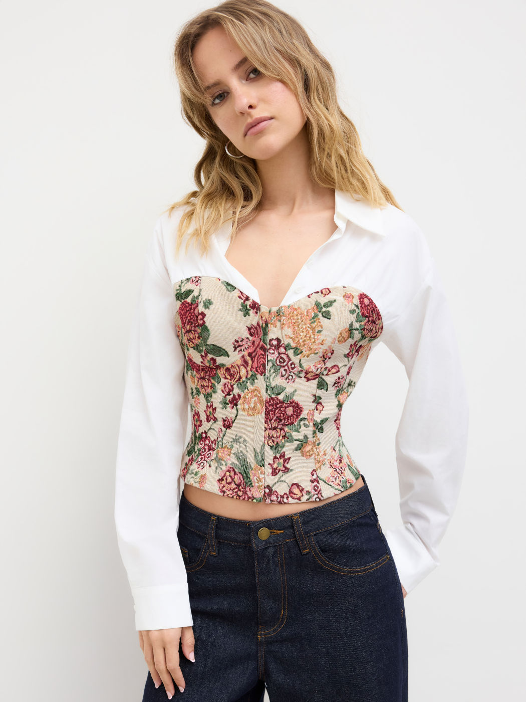 100% Baumwolle V-Hals Floral Patch Corset Langärmlige Bluse