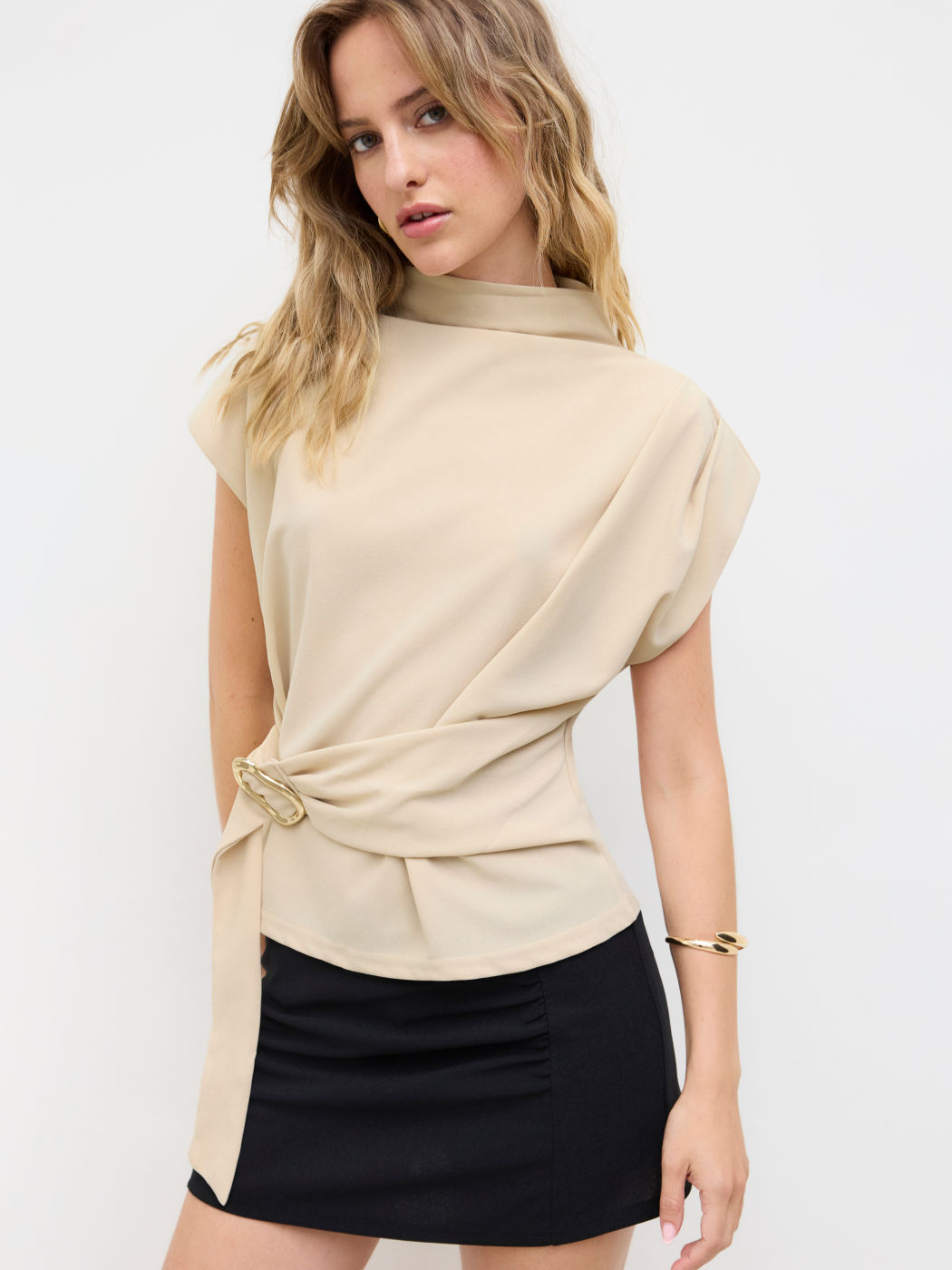 Stand Collar Belted Short Sleeve Top