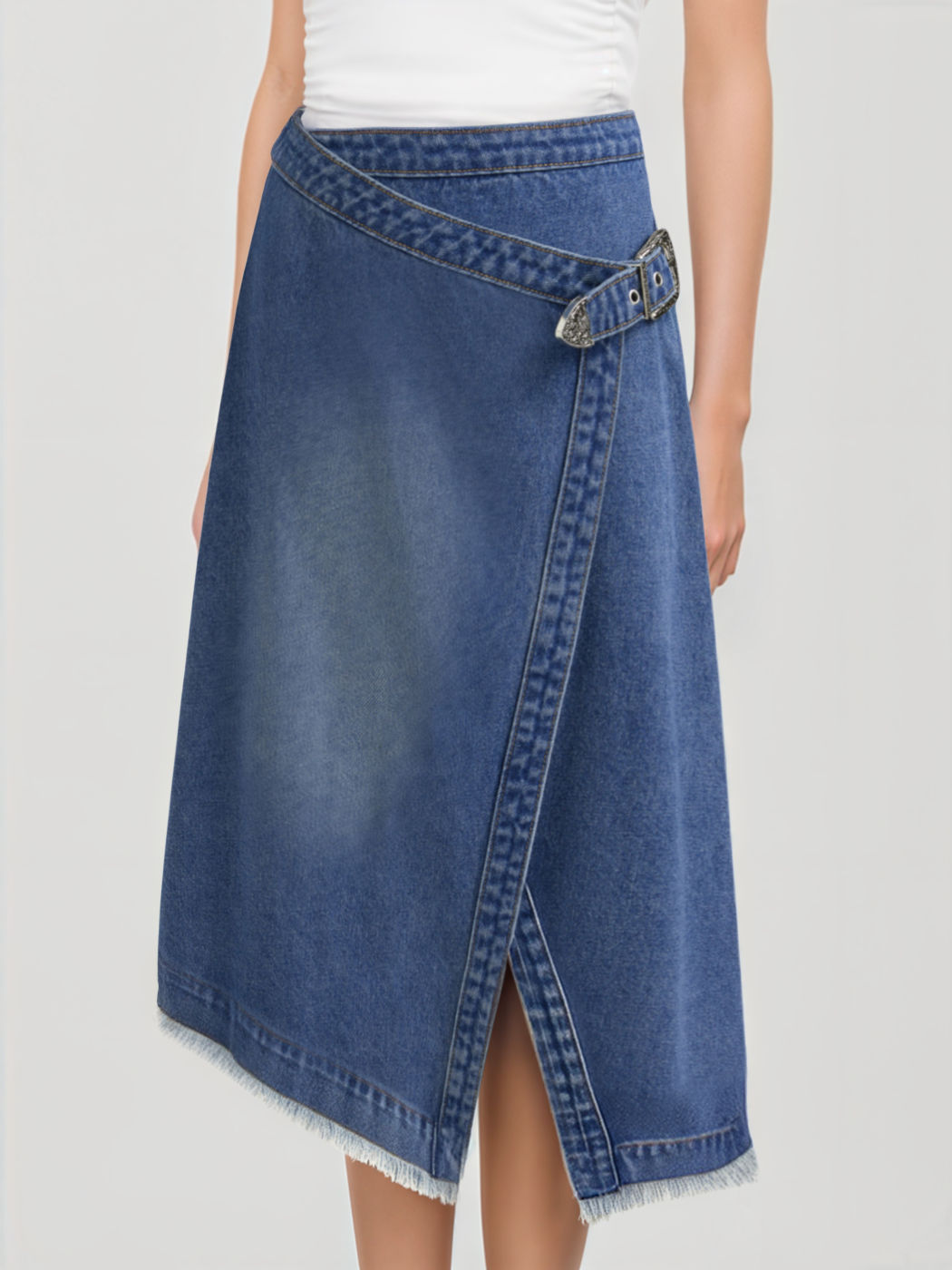 Denim Mid Rise Raw Hem Asymmetrical Belted Midi Skirt