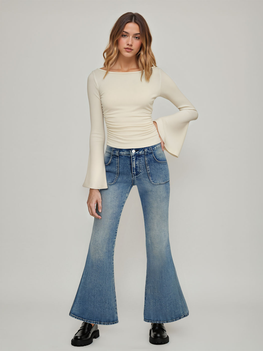 Stretch Cider Denim Low-Rise Flares Jeans