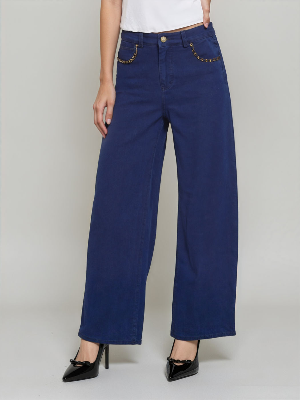 Cider Denim Low Rise Solid Chain Detail Straight Leg Jeans