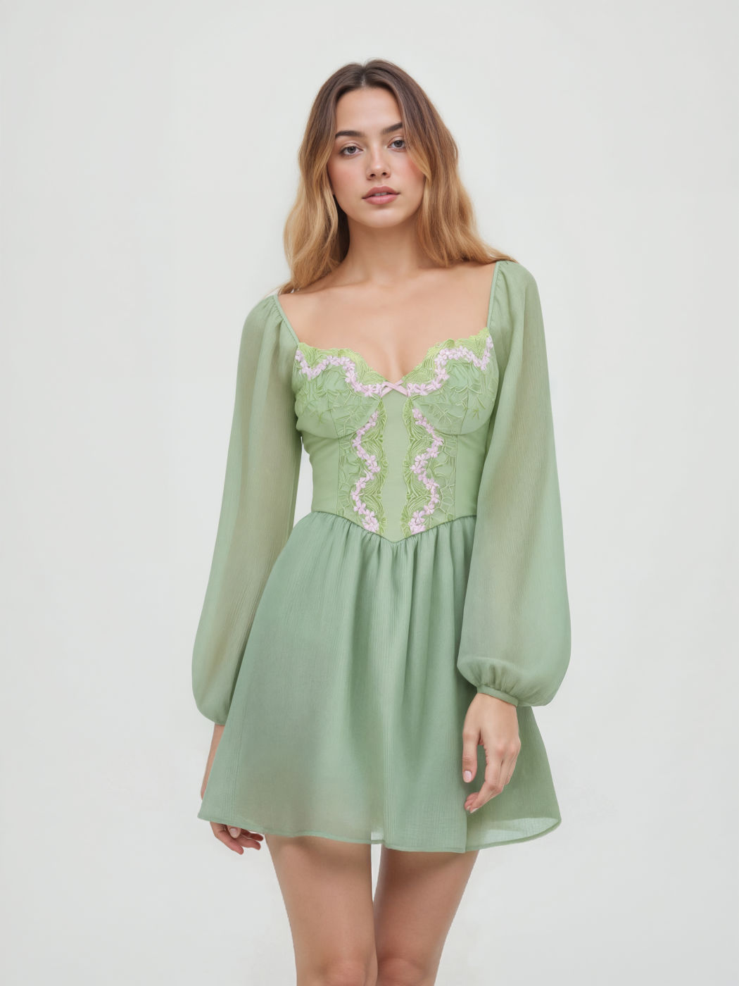 Cotton-blend Sweetheart Neckline Floral Embroidery Ruffle Mini Dress