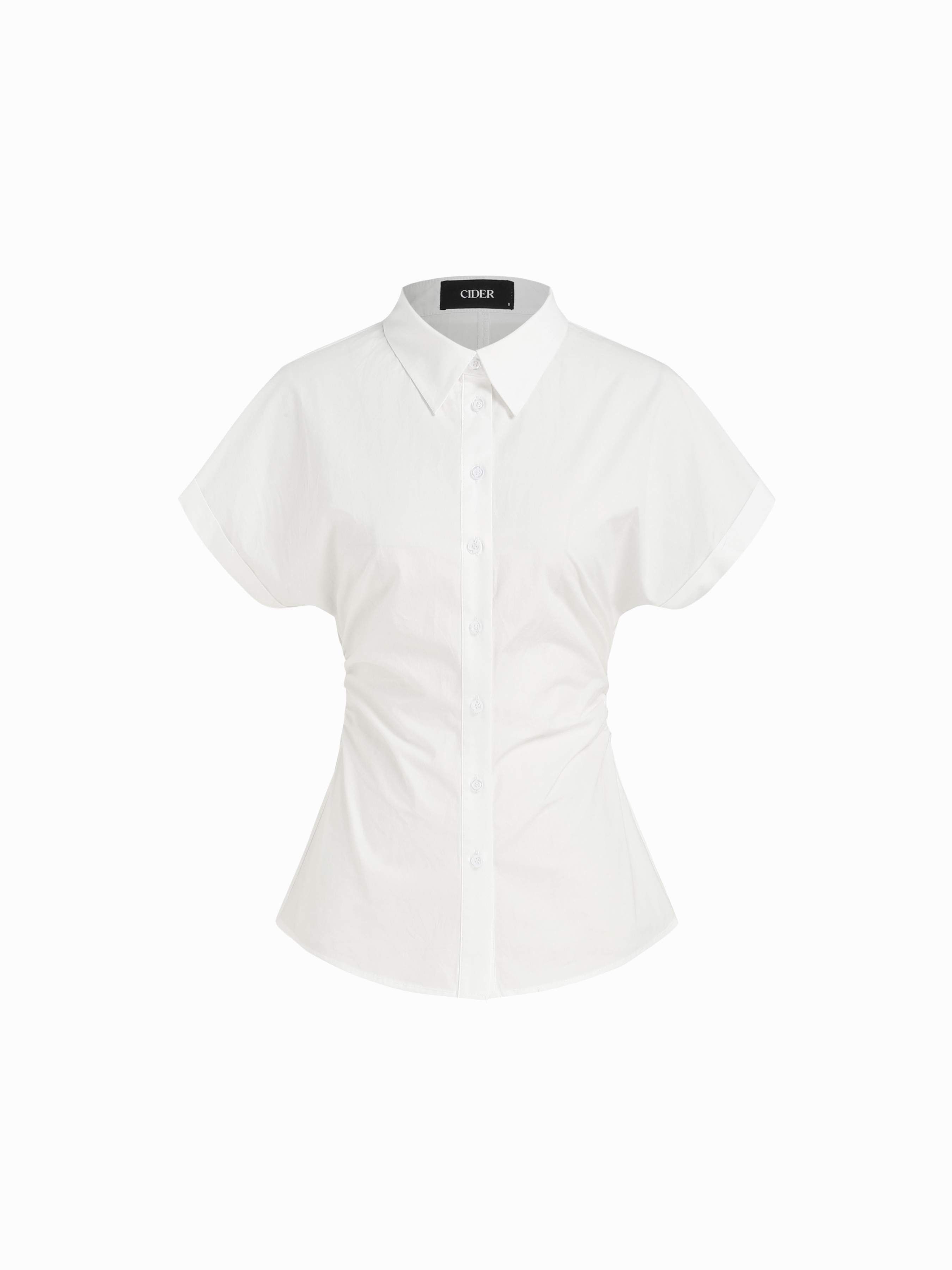 100% Cotton Collar Short Sleeve Ruched Shirt