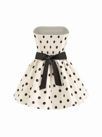 Polka Dot Ruffle Bowknot Shirred Bandeau Mini Dress