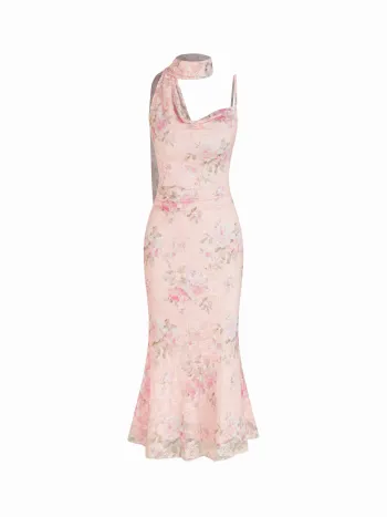 Spitze Blumenhafte Maxikleid mit Schal und Rundhalsausschnitt