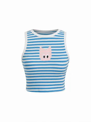 Baumwollmischung Streifen Katzen-Grafik Rundhals Crop Tank Top