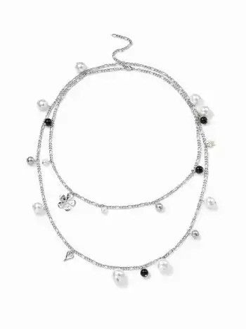 Geschichtetes Langhalsband mit Blumen und Faux-Perlen