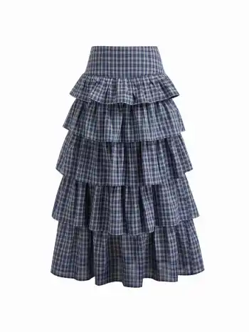 Baumwollmischung, Mittelhöhe, Tartan, geschichtete Rüschenhose Maxi-Skirt